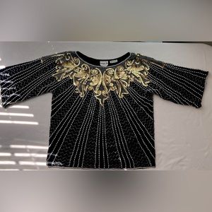VINTAGE glamorous 100% silk hand beaded Black and Gold Embellished Top